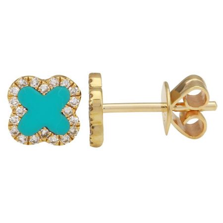 angled view of diamond & turquoise earrings in 14k gold