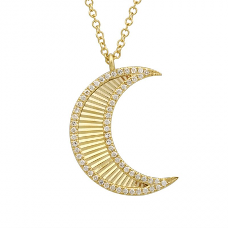 14Kt Diamond Bezeled Fluted Moon Necklace
