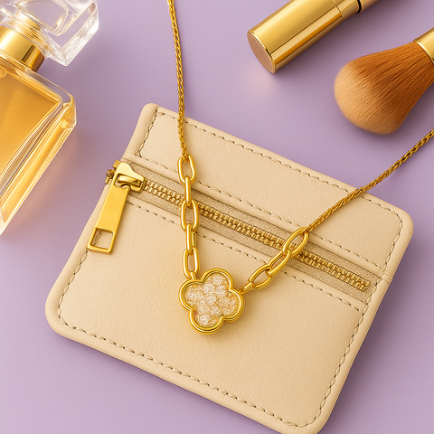 Flat lay product shot of 14K Yellow Gold Diamond Clover Necklace – 0.16 Carats along with other accessories