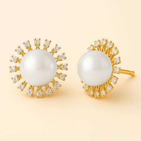 14K Yellow Gold Pearl and Diamond Sunburst Stud Earrings featuring 30 round white diamonds and freshwater pearls in a polished halo design by Vaskia Jewelry