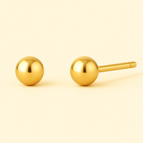 14K Yellow Gold Ball Stud Earrings featuring 4mm polished gold spheres with secure stud fastening, minimalist classic design by Vaskia Jewelry.