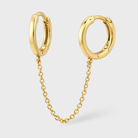 14K Yellow Gold chain-linked huggie piercing, front view