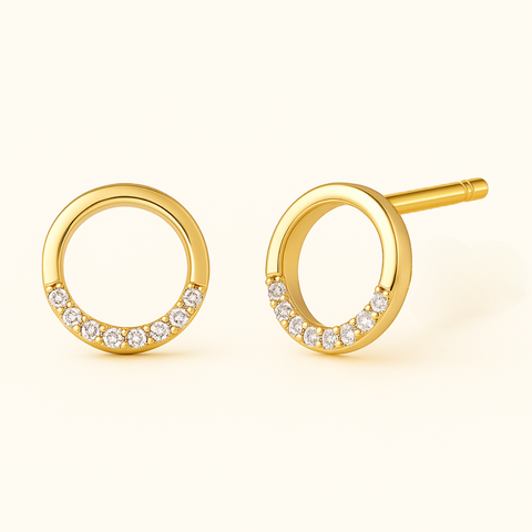 14K Yellow Gold Diamond Circle Stud Earrings featuring pavé-set round white diamonds along open-hoop silhouette, minimalist polished gold design by Vaskia Jewelry