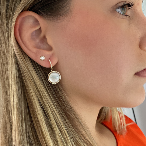 14K Yellow Gold mother of pearl & diamond halo piercing with round white diamonds, side view