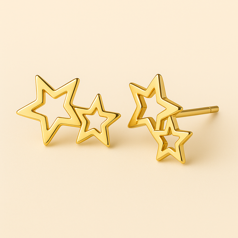 14K Yellow Gold Double Star Stud Earrings featuring two open star silhouettes in polished gold by Vaskia Jewelry