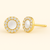 14K Yellow Gold Mother of Pearl and Diamond Halo Stud Earrings featuring a round pearl center with 26 hand-set diamonds in a polished gold setting by Vaskia Jewelry