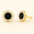 14K Yellow Gold Onyx and Diamond Halo Stud Earrings featuring round black onyx centers surrounded by 26 white diamonds in a polished gold halo design by Vaskia Jewelry