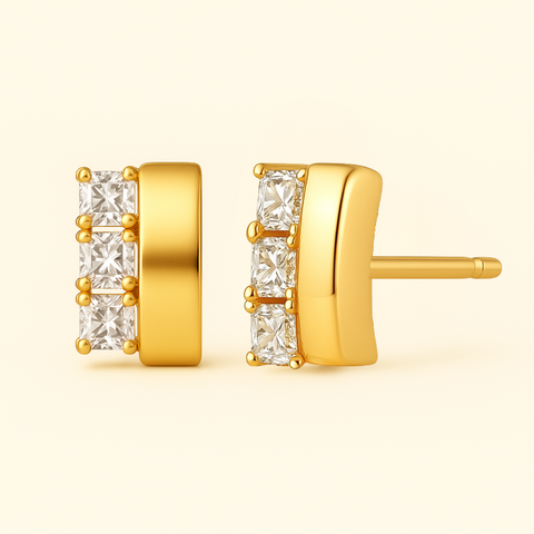 14K Yellow Gold Zirconia Bar Stud Earrings featuring princess-cut zirconia stones in a sleek geometric bar design, minimalist polished gold studs by Vaskia Jewelry.