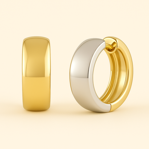 14K Yellow and White Gold Wide Two-Tone Huggie Earrings with polished 5mm hoop design and secure 14mm closure by Vaskia Jewelry
