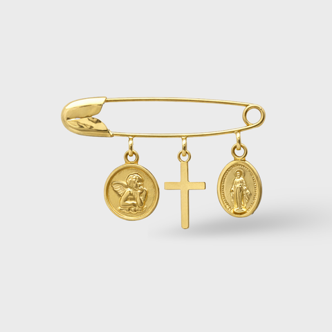 14K Yellow Gold miraculous cross and angel safety pin, front view