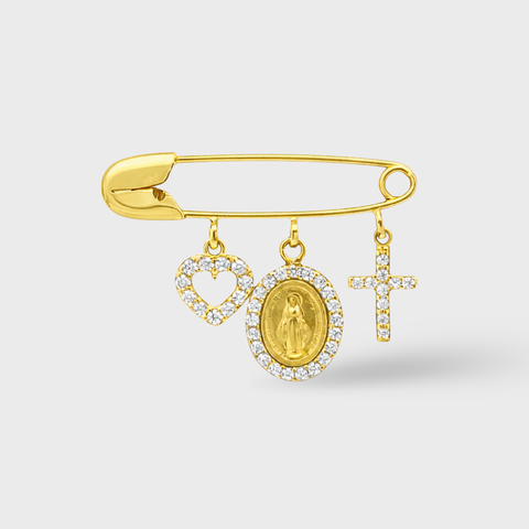 14K Yellow Gold dangling heart miraculous medal & cross safety pin, front view