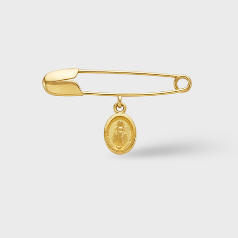 14K Yellow Gold miraculous medal safety pin, front view