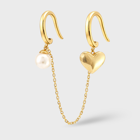 14K Yellow Gold pearl heart chain drop hook earring with pearl, front view