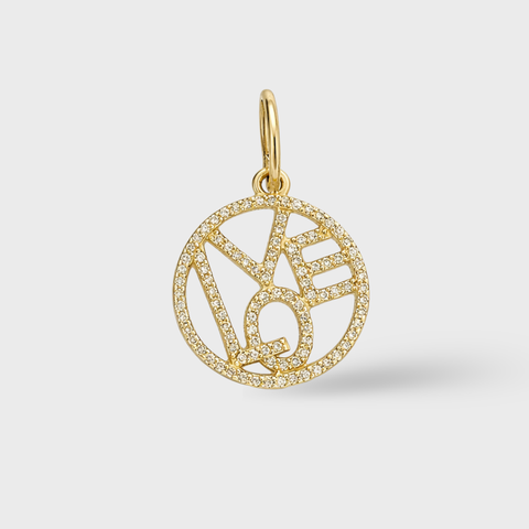 14K Yellow Gold diamond love circle pendant with round white diamonds, front view
