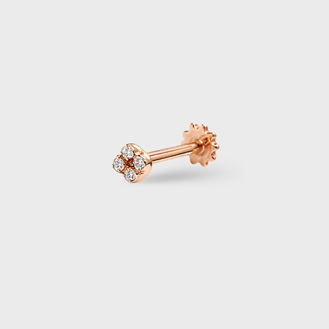 18K Rose Gold tiny four diamond stud piercing with round white diamonds, front view