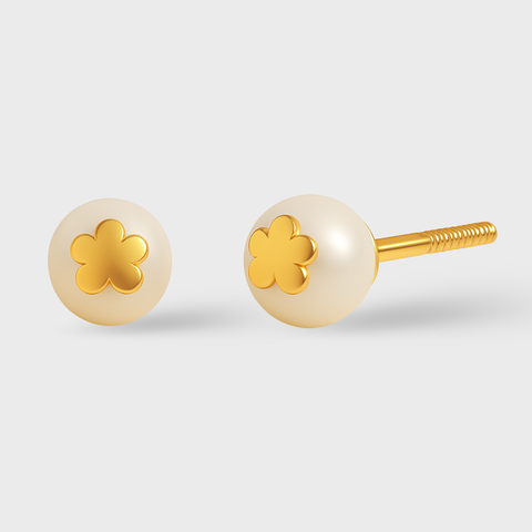 14K Yellow Gold gold flower incrusted pearl earrings with pearl, front view
