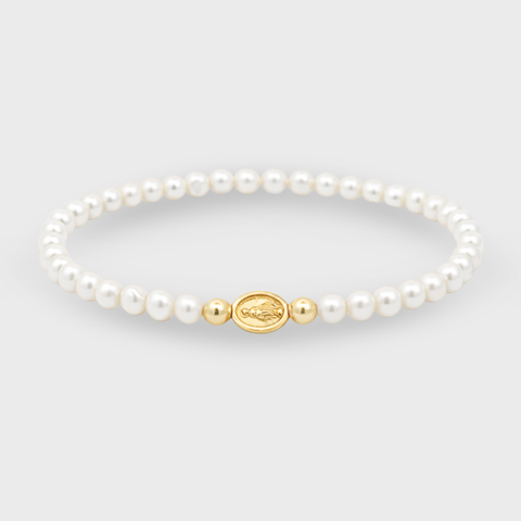 14K Yellow Gold mini miraculous medal pearl bracelet with pearl, front view