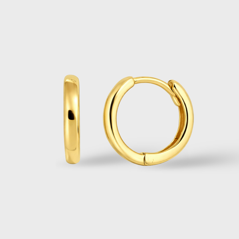 14K Yellow Gold small huggie earrings, front view