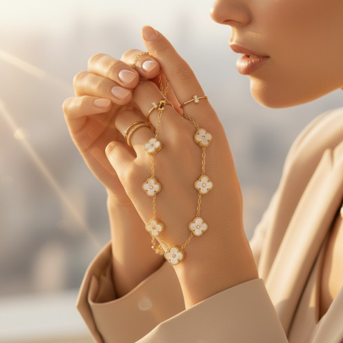 14Kt Yellow Gold Clover Necklace with Mother of Pearl and Diamond Accents – adjustable chain fine jewelry on hands of model