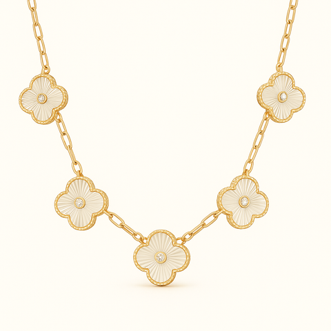 14Kt Yellow Gold Clover Necklace with Mother of Pearl and Diamond Accents – adjustable chain fine jewelry