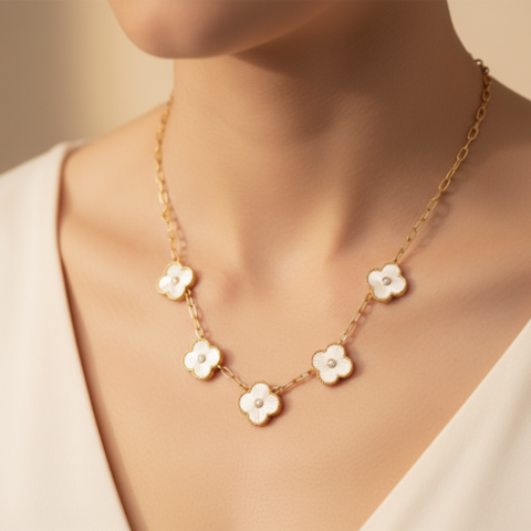 Neck of model wearing 14Kt Yellow Gold Mother of Pearl Clover Necklace with Diamond Accents – Adjustable Chain