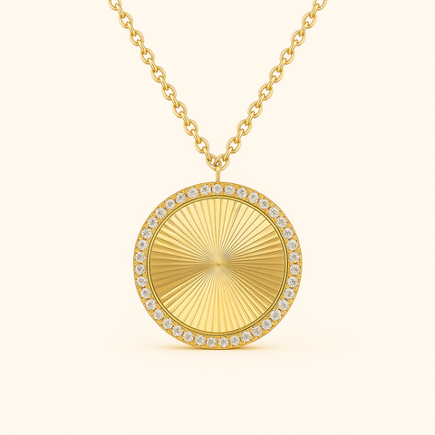 Product shot of 14Kt Yellow Gold fluted disc pendant necklace with pavé diamond halo on adjustable gold chain.