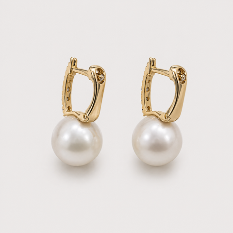 14K yellow gold pavé diamond huggie earrings with white pearl drops back view showing lever back clasp detail