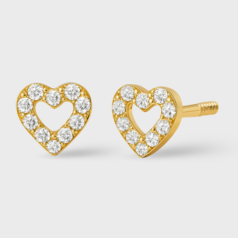 18K Yellow Gold mini zirconia heart stud earrings with zirconia, front view