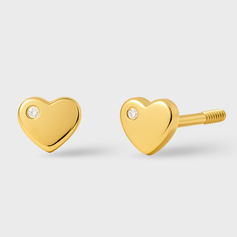 18K Yellow Gold single diamond heart stud earring with round white diamonds, front view