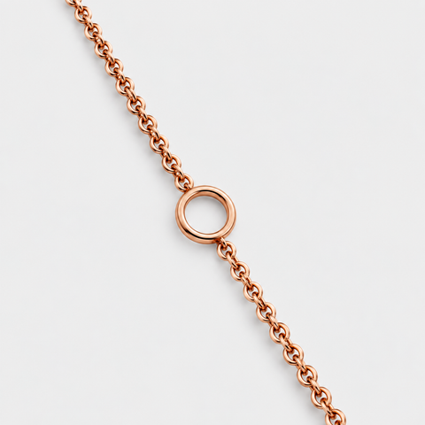 Adjustable jump ring detail on the 18K Italian rose gold cable chain necklace
