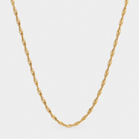 18K Italian twisted rope chain necklace in solid yellow gold, 16 inch, by Vaskia Jewelry.