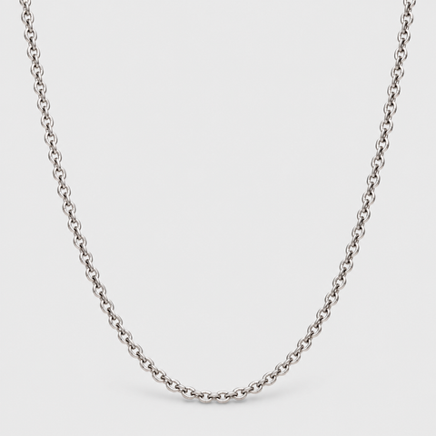 Solid 18K Italian white gold rolo chain necklace, adjustable from 15 inch to 17 inch.