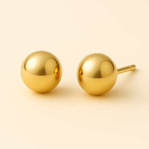 18K Yellow Gold Ball Stud Earrings featuring 8mm polished mirror-finish spheres with secure stud posts, bold minimalist fine jewelry design by Vaskia Jewelry