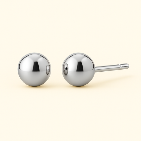 18K White Gold Ball Stud Earrings featuring polished 5mm round spheres with secure stud posts, minimalist everyday design by Vaskia Jewelry.