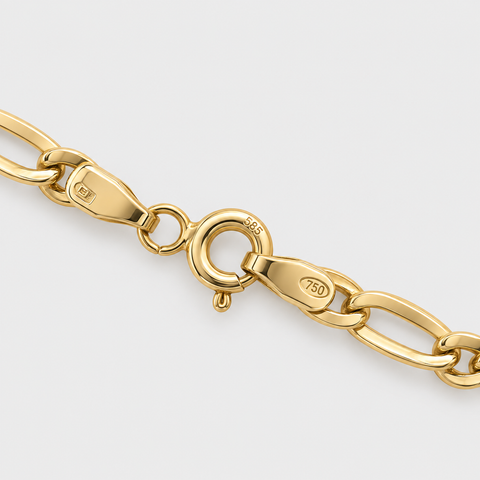 Close-up of the spring ring clasp and purity hallmarks on the 18K yellow gold Figaro chain necklace, showing the 585 clasp component and 750 chain tag.