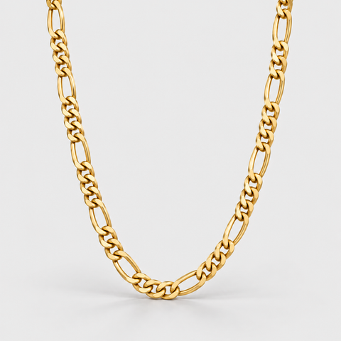 18K Italian yellow gold Figaro chain necklace measuring 24 inches long with a polished 3.1 mm alternating link design.