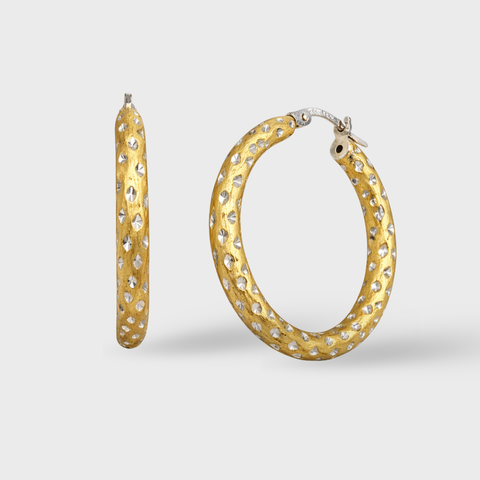 18K Yellow Gold two tone small brushed hoops, front view