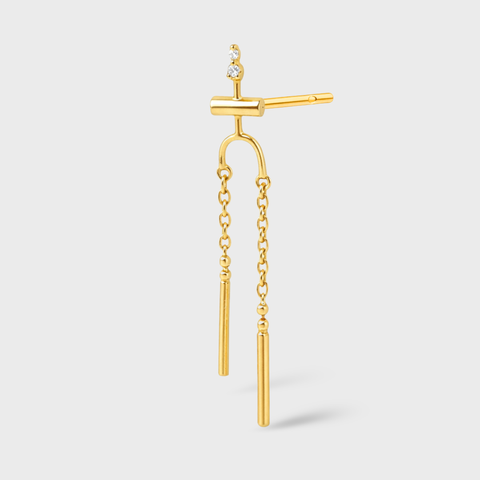 18K Yellow Gold dangling diamonds & chains piercing with round white diamonds, front view