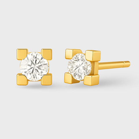 18K Yellow Gold 18kt medium diamond stud earrings with round white diamonds, front view