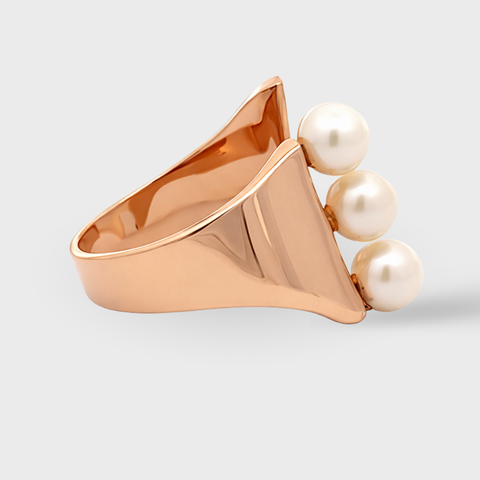 18K Rose Gold three pearl & diamonds open ring with round white diamonds, side view