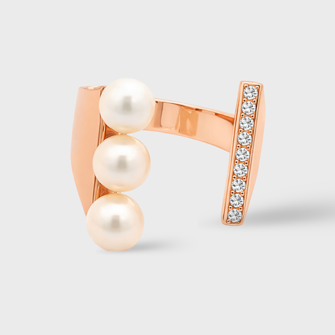 18K Rose Gold three pearl & diamonds open ring with round white diamonds, front view