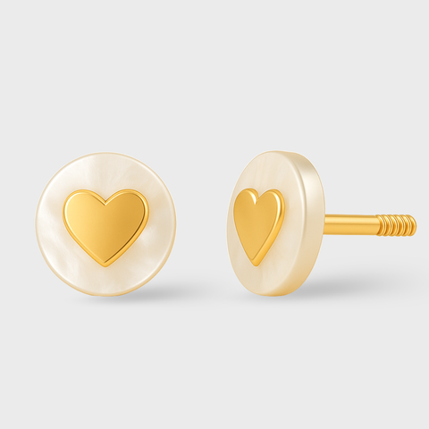 18K Yellow Gold mother of pearl stud earrings with pearl, front view