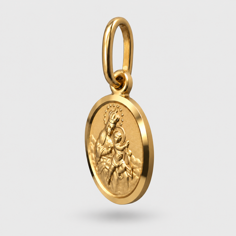 Solid 18K Italian yellow gold Our Lady of Mount Carmel scapular round medal pendant 11mm angled side view light gray background