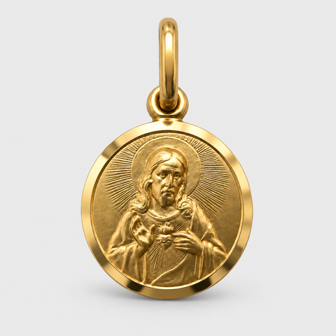 Solid 18K Italian yellow gold Sacred Heart of Jesus round medal pendant straight-on front view light gray background