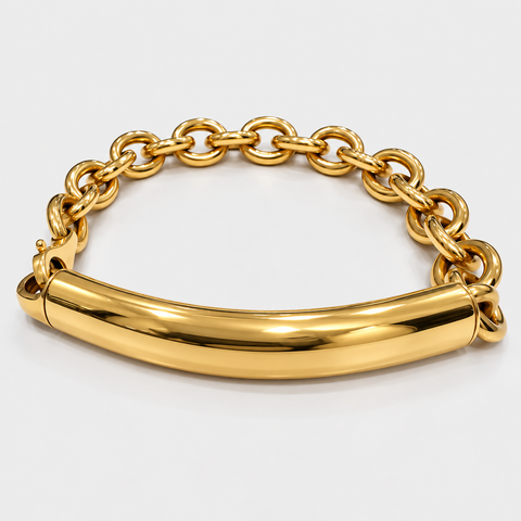 18K yellow gold bracelet with a curved tubular bar and round rolo chain links on a white background.