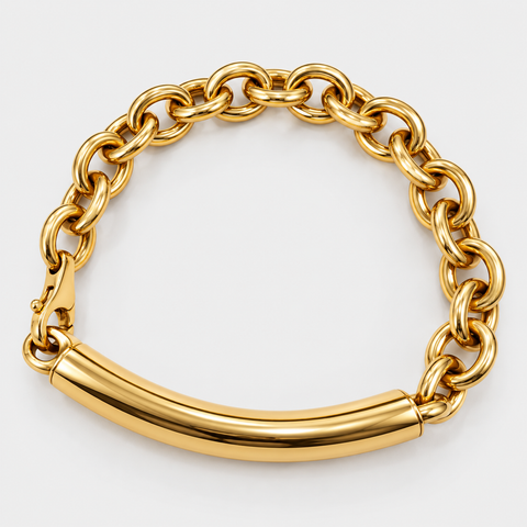 Top view of an 18K yellow gold tubular bar rolo bracelet showing the chain and lobster clasp.