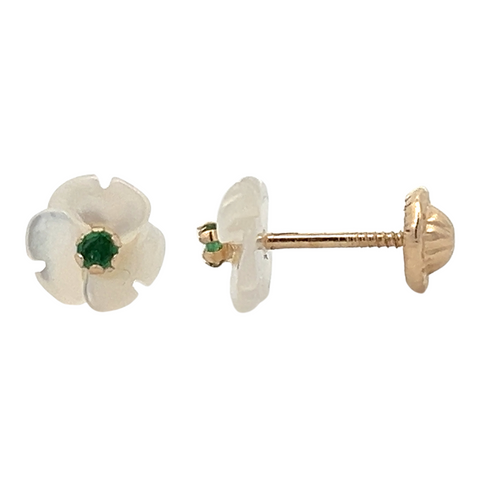 14Kt Emerald Center Mother of Pearl Flower Earrings