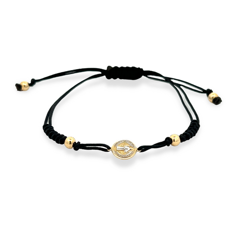14Kt Small Two Tone St. Benedict Medal Black Silk Bracelet