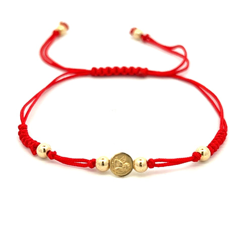 14Kt Small Cherub Medal Red Silk Bracelet