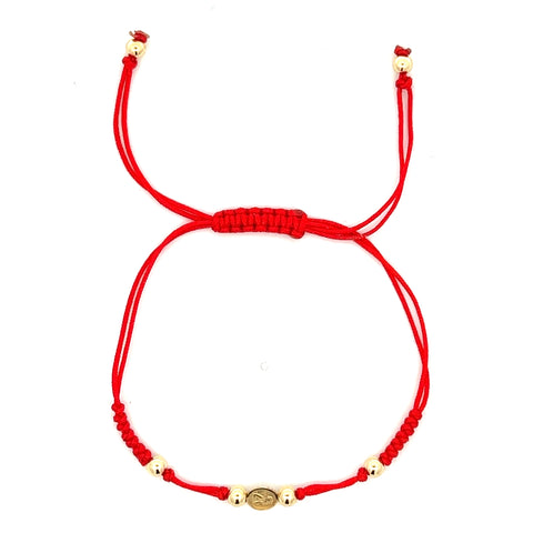14Kt Small Cherub Medal Red Silk Bracelet
